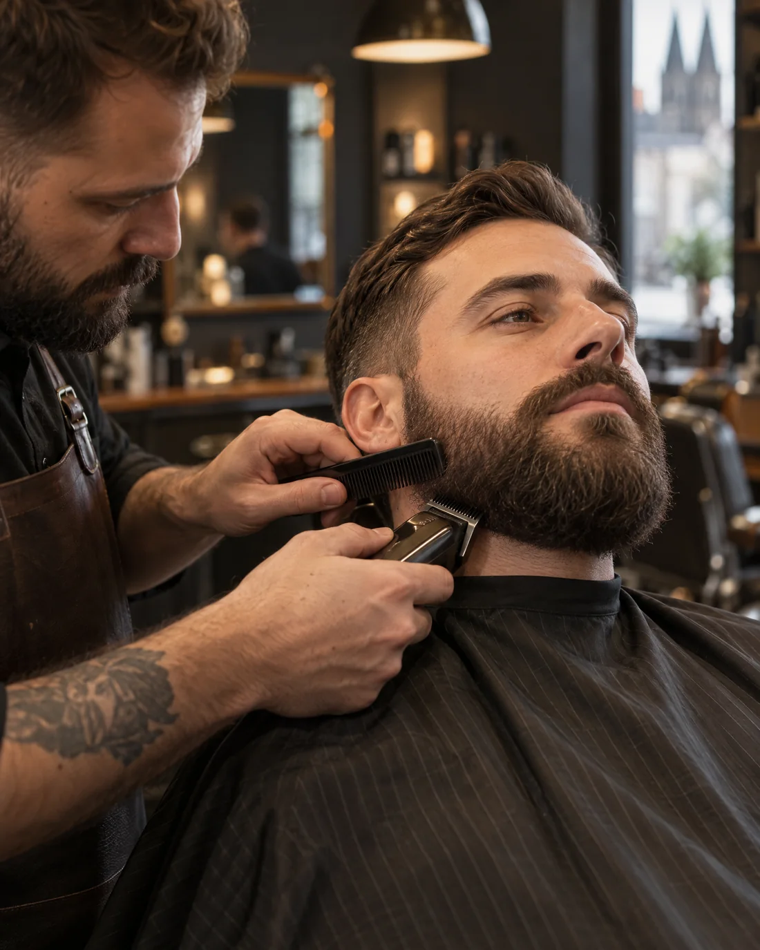 Barber formt sorgfältig den Bart eines erwachsenen Kunden