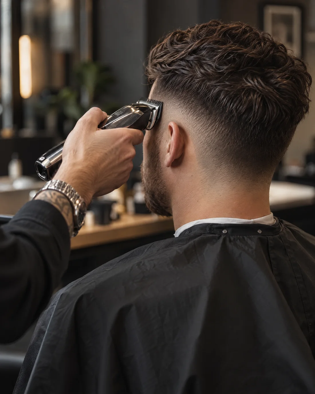 Nahaufnahme eines präzisen Herrenschnitts mit Kamm und Haarschneidemaschine