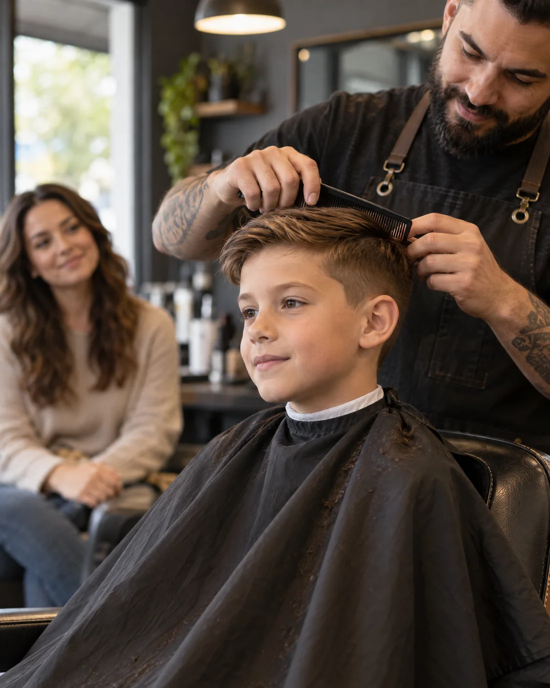 Ein Kind erhält einen altersgerechten Haarschnitt im Barbersessel